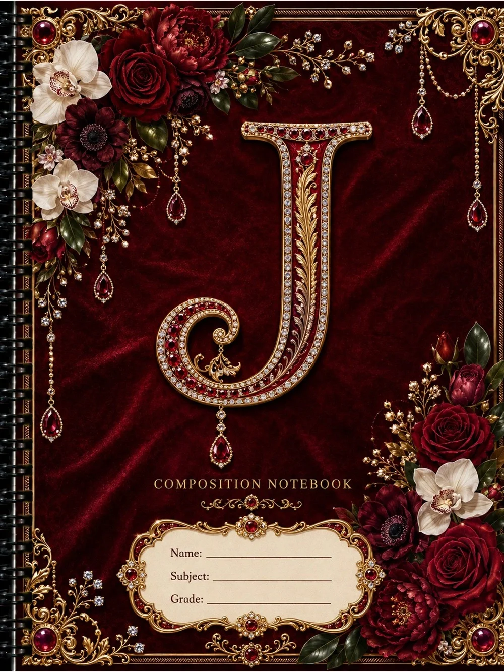 Monogram J Burgundy Floral Composition Notebook - Elegant Spiral Journal
